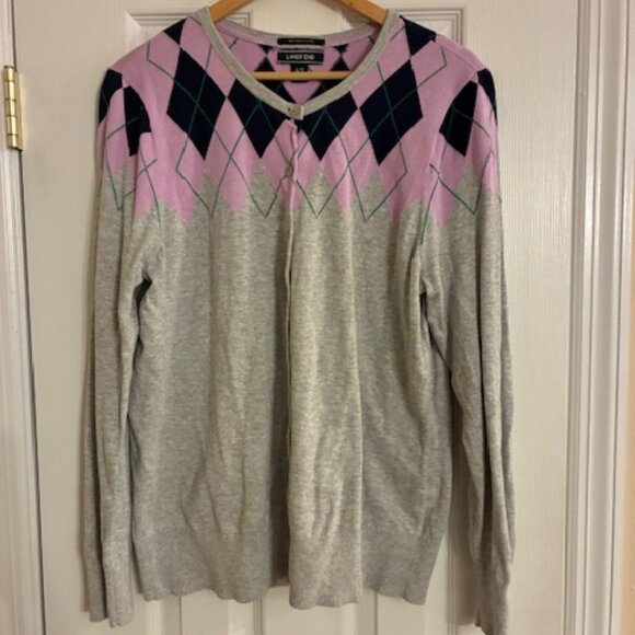 Lands End Women's Tall 100% Supima Cotton Gray Argyle Cardigan Sweater Size LT - Picture 1 of 6